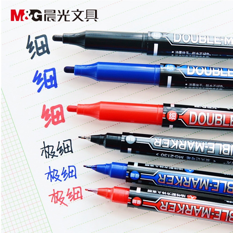 M&G Marker Pen Black/Blue/Red 12pcs/lot Double Toes Extra Fine Point Oil Ink Liner e-marker Safe School & Office Supplies MG2130