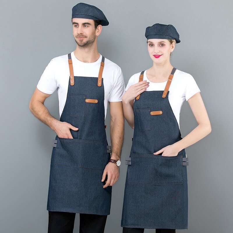 Denim køkkenforklæde med justerbart bomuldsrem store lommer blå barista mænd og kvinder homewear ærmeløst forklæde: Blå