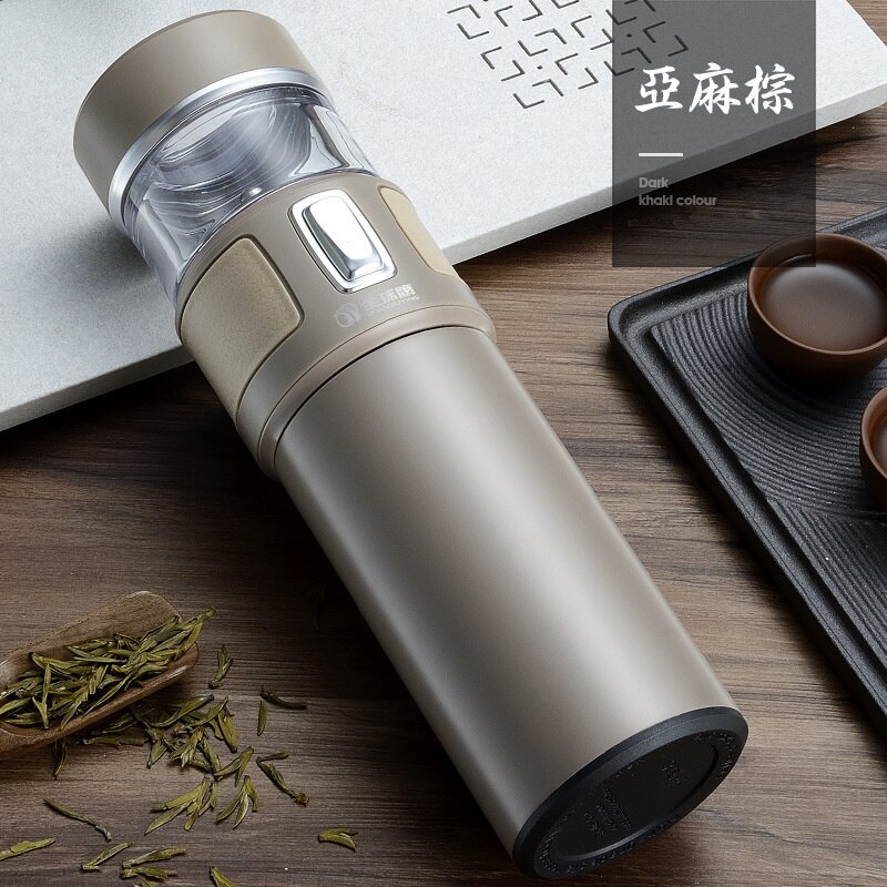 Botella de agua con doble burbuja de vidrio para hombre, separación de té de , aislamiento 600 SUS, , 316 ml: Flax Brown