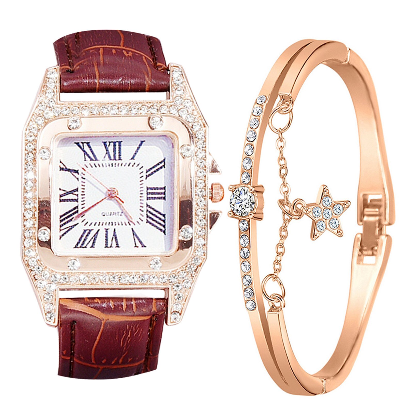 Dames Armband Horloge Band Vierkante Wijzerplaat Diamant En Ster Armband Quartz Horloge Set Horloge Zegarek Damski: Bruin