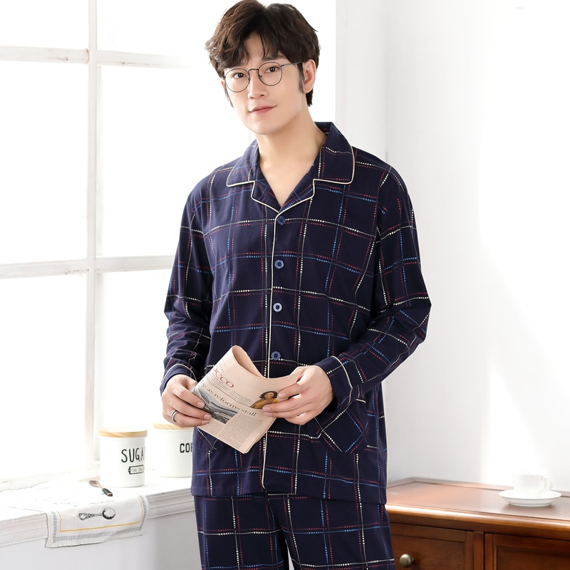 Mørkeblå pyjamas mænd nattøj 100%  bomuld mænds nattøj langærmet sleep lounge afslappet mandlig natkjole blød pyjamas sæt 4xl
