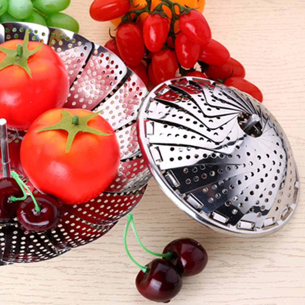 Foldable Mesh Basket Stainless Steel Vegetable Fruit Steamer Punching Food Drain Bowl Basket