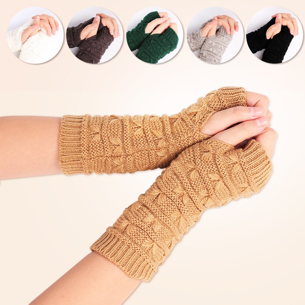 Women Thickened Gloves Knitted Woolen Arm Warm Autumn Winter Half Finger Sleeves Arms Hand Cover Solid Color