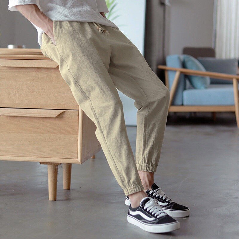 Bomull linne joggingbyxor svarta herr haremsbyxor harajuku fitness snörning vår herr byxor sommar streetwear kläder hane: Asiatisk storlek xxxl / Kaki