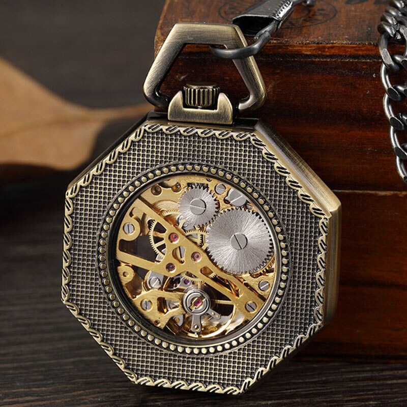 Vintage Brons Octagon Mannen Mechanische Zakhorloge Antieke Mannen Steampunk Romeinse Cijfers Hand Horloge Skeleton Vrouwen Met Ketting Box