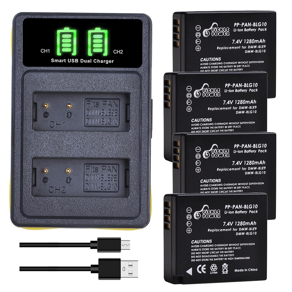 3Pc 1280mAh DMW-BLG10 BLG10E DMW-BLE9 Batterie + Type-c Chargeur LED pour Panasonic Lumix GF3 GF5 GF6 GX7 LX100 GX80 GX85 ZS60 ZS100: Charger and 4Battery