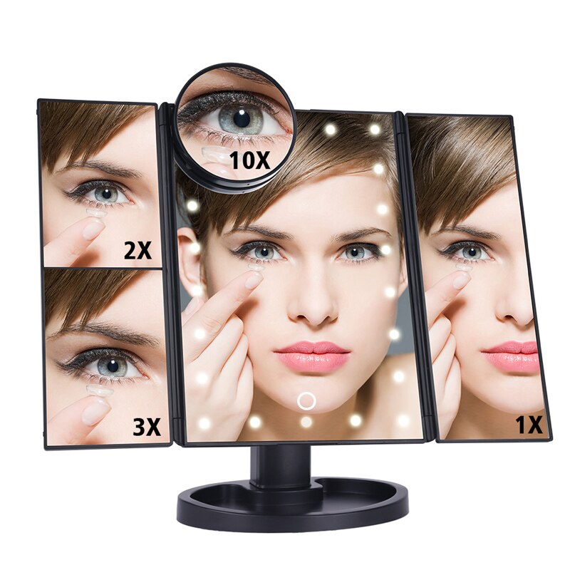 Makeup spejl led berøringsskærm 22 lys bord skrivebord makeup 1x/2x/3x/10x forstørrelsesspejle forfængelighed 3 folde justerbart spejl: Sort