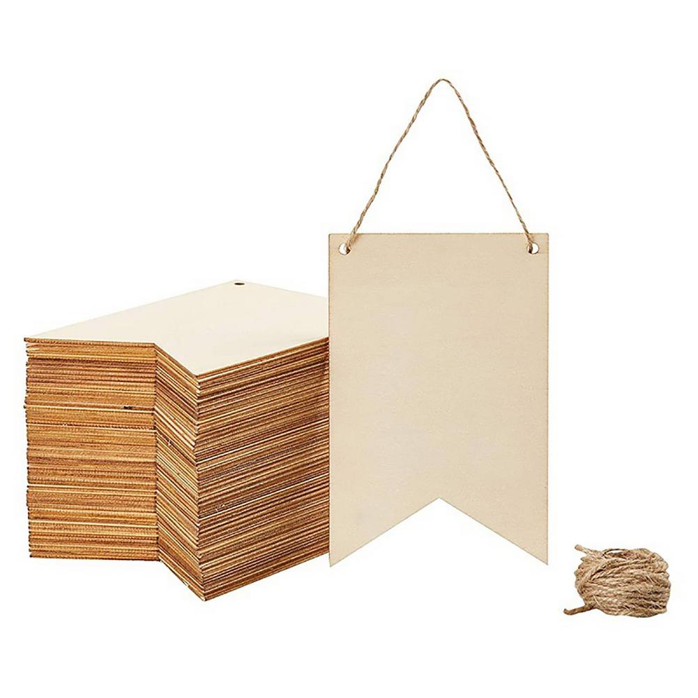 12/48 Pcs Natural Wooden Signs Banner Rustic Decorative Hanging Wooden Flag With Rope Wooden Craft Decor For Birthday Party