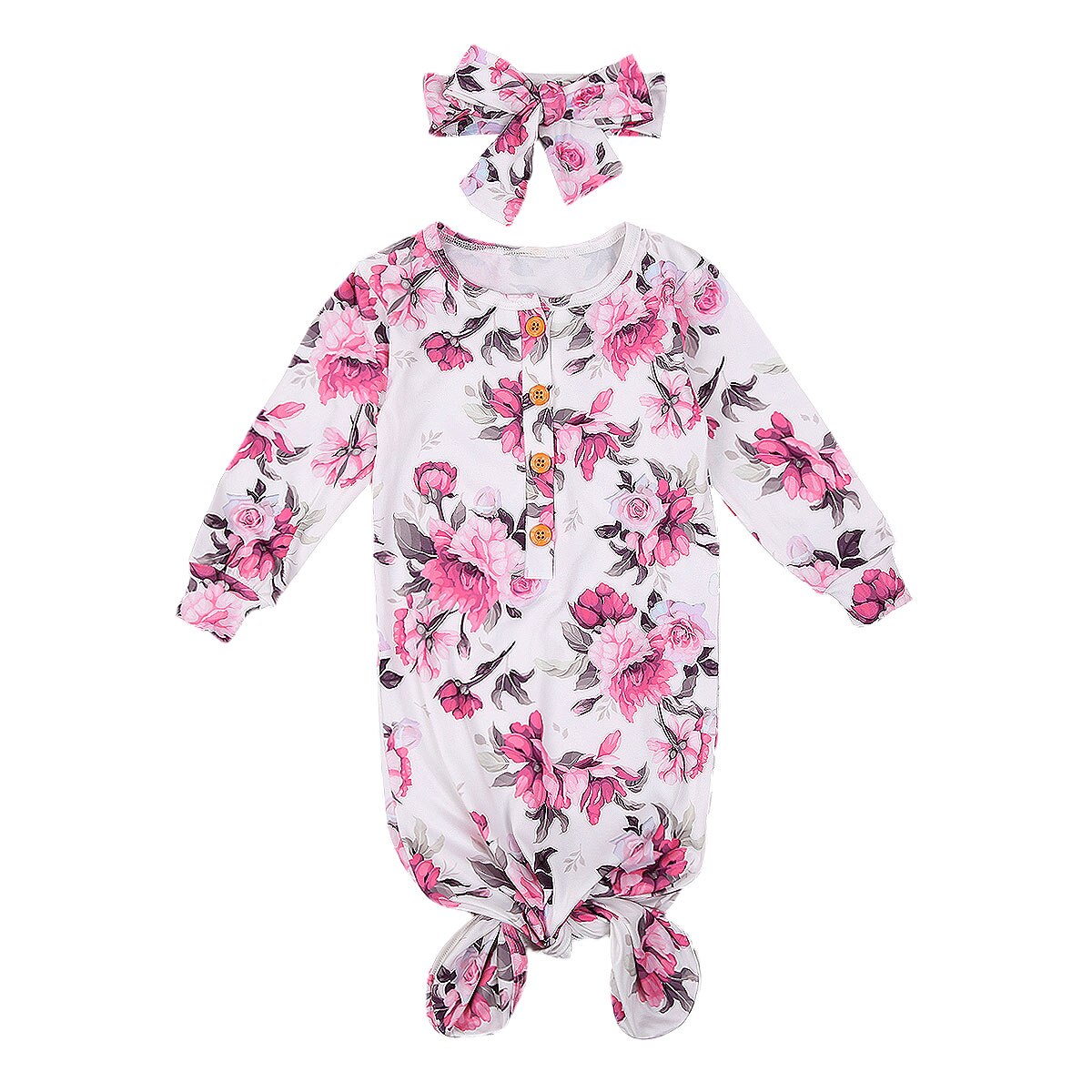 Baby Girls Nightgown Knoted Sleepers with Headband Floral Print Cotton 2 Piece Sleep Set: B