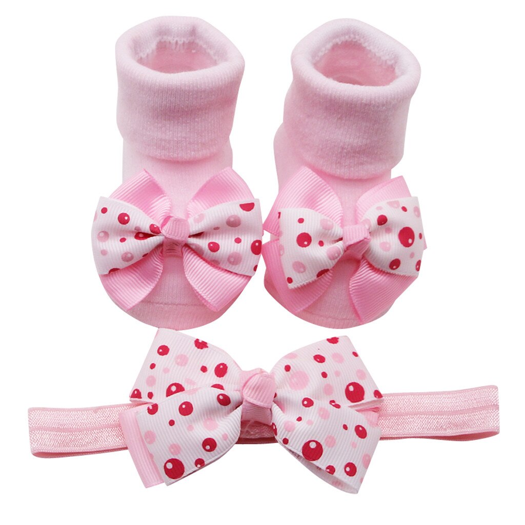 Baby Infant Socks +1PC Hair Belt Toddler Girls Bow Wave Point Anti-slip Socks Newborn Cartoon Toddler Baby Clothes Accessories