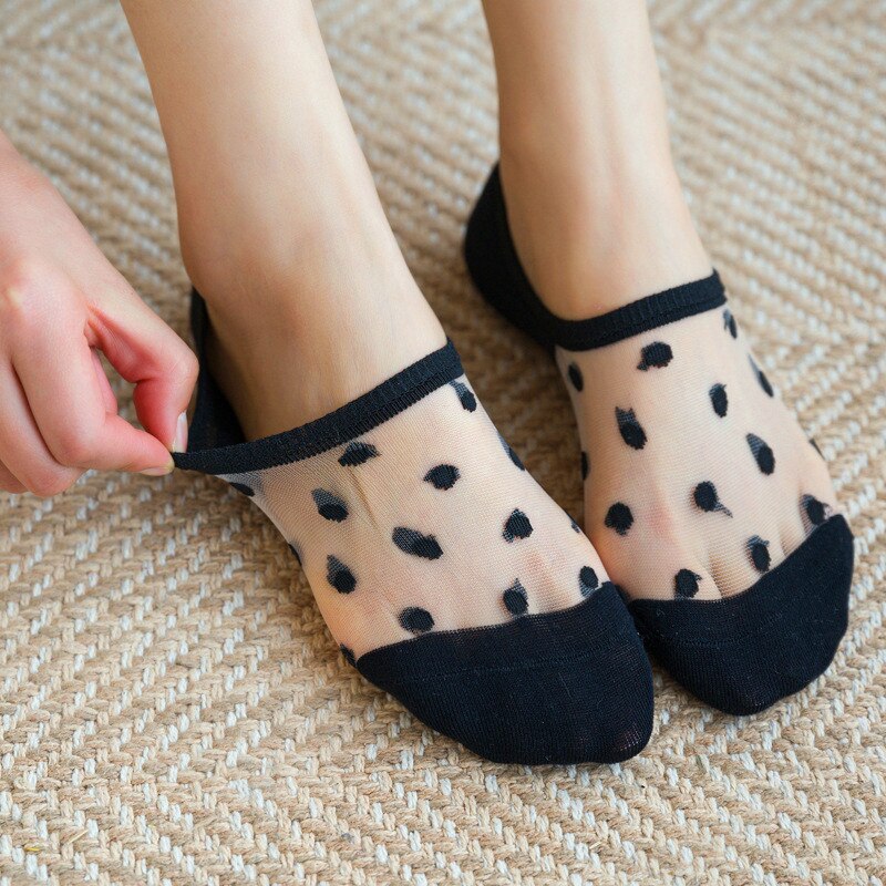 5 pairs of women's socks summer polka dot cute women boat socks breathable soft thin transparent ladies invisible socks