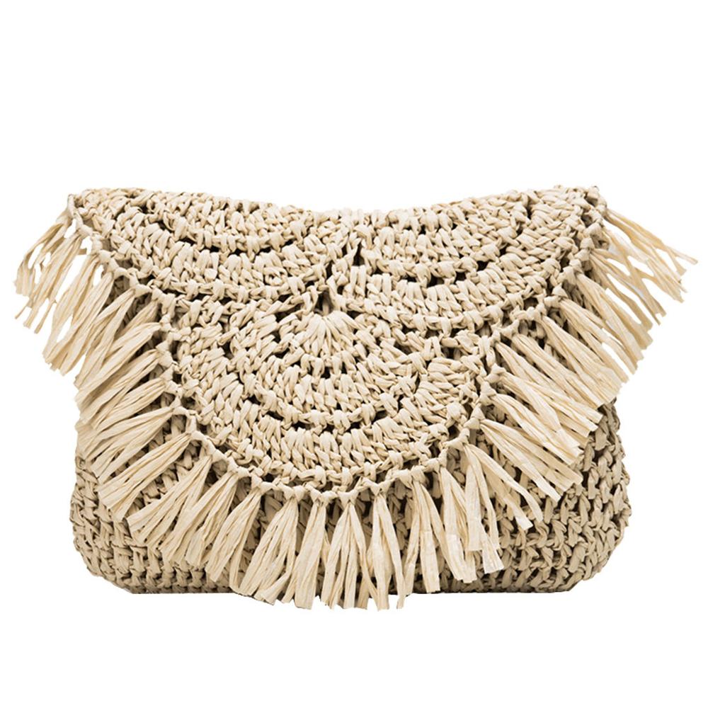 Sommar halmväskor handgjorda tofsar små strandväskor raffia rotting vävda handväskor semester axel crossbody väskor clutch: Beige