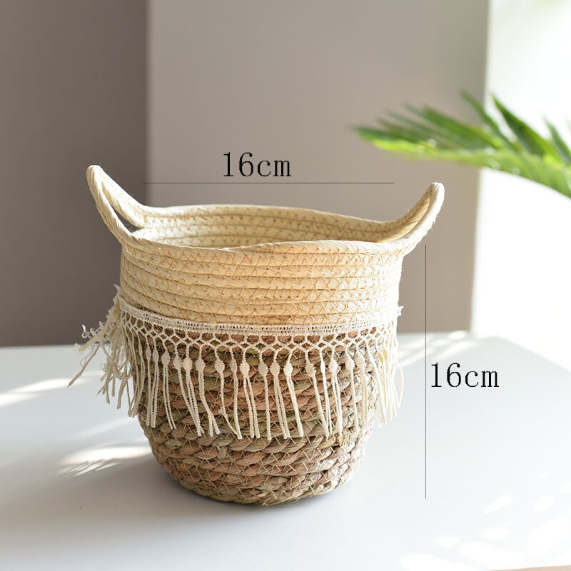Pot de fleur panier de rangement en paille plantes vertes en Pot panier de fleurs sol tissé à la main intérieur Pot de fleur jardinières Pots jardinières: Beige tassel mouth16
