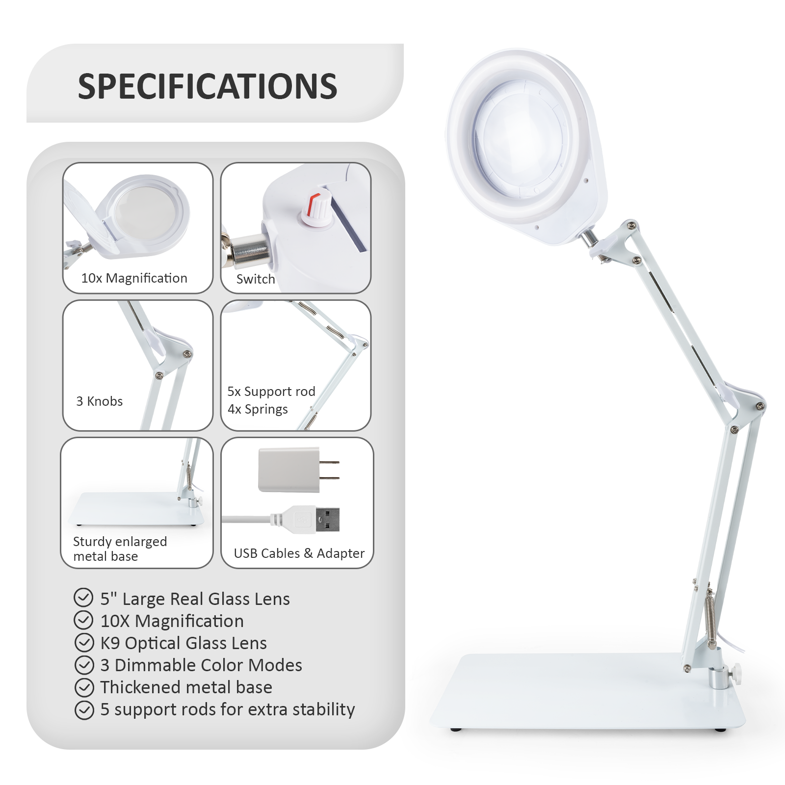10X Vergrootglas met Licht en Standaard Zwenkarm Vergrootlamp Traploos Dimbaar 5-Dioptrie Echt Glazen Lens Vergrootglas