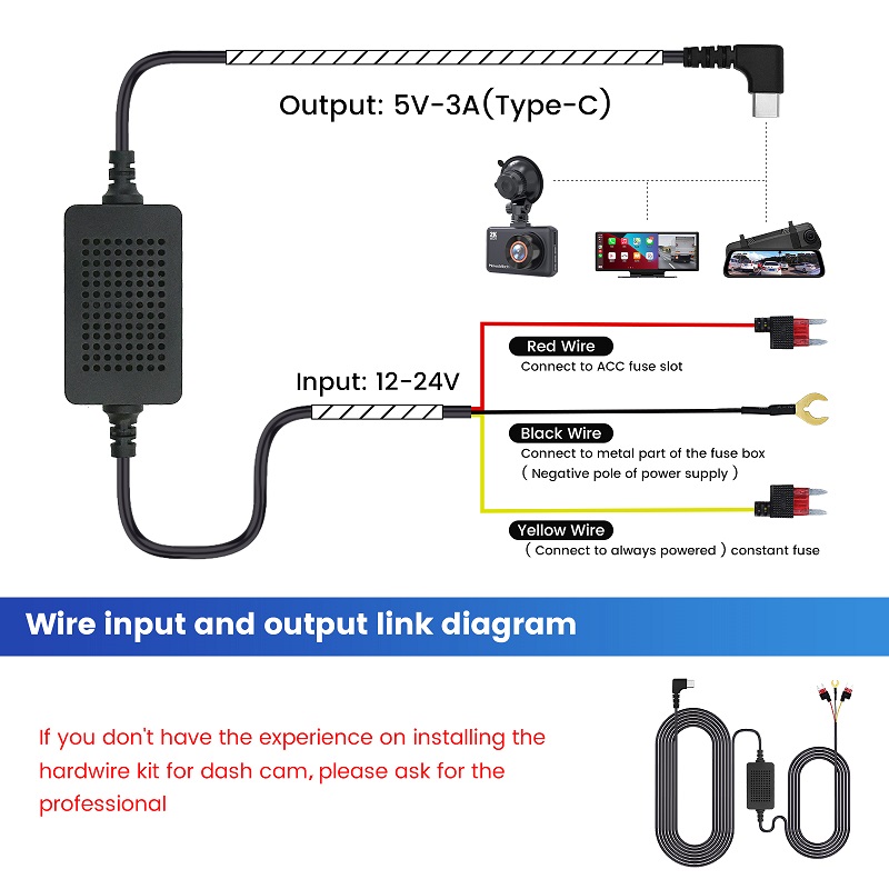 Cámara de salpicadero para coche 3A, 3,5 m, DVR, 12-24v, Kit de Cable duro, línea reductora, Mini/Micro/tipo C, interfaz USB, cargador, cámara Dashcam