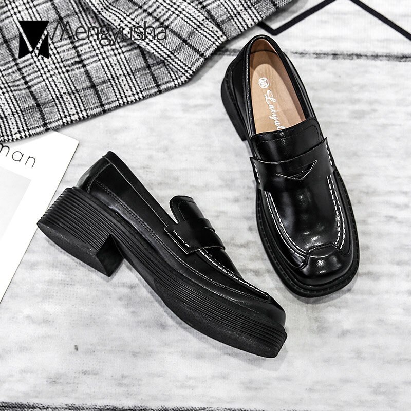 Creepers Loafers british retro square toe derby shoes women sewing flats slip on thick heels oxfords ladies small leather shoes