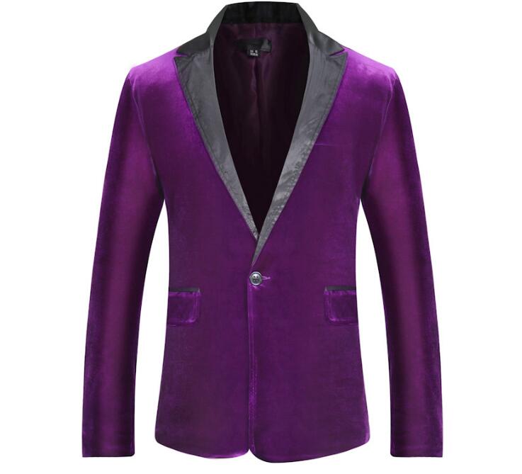 Men's Autumn Winter Velvet Wine Red Leisure Suit Jacket Wedding Groom Singer Slim Fit Blazer: Purple / L