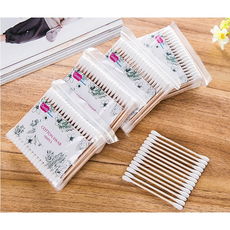 500Pcs Baby Wegwerp Dubbele Hoofd Wattenstaafje Zacht Veilig Cosmetica Oor Schoon Hout Sticks Wattenstaafje Stok Make tool