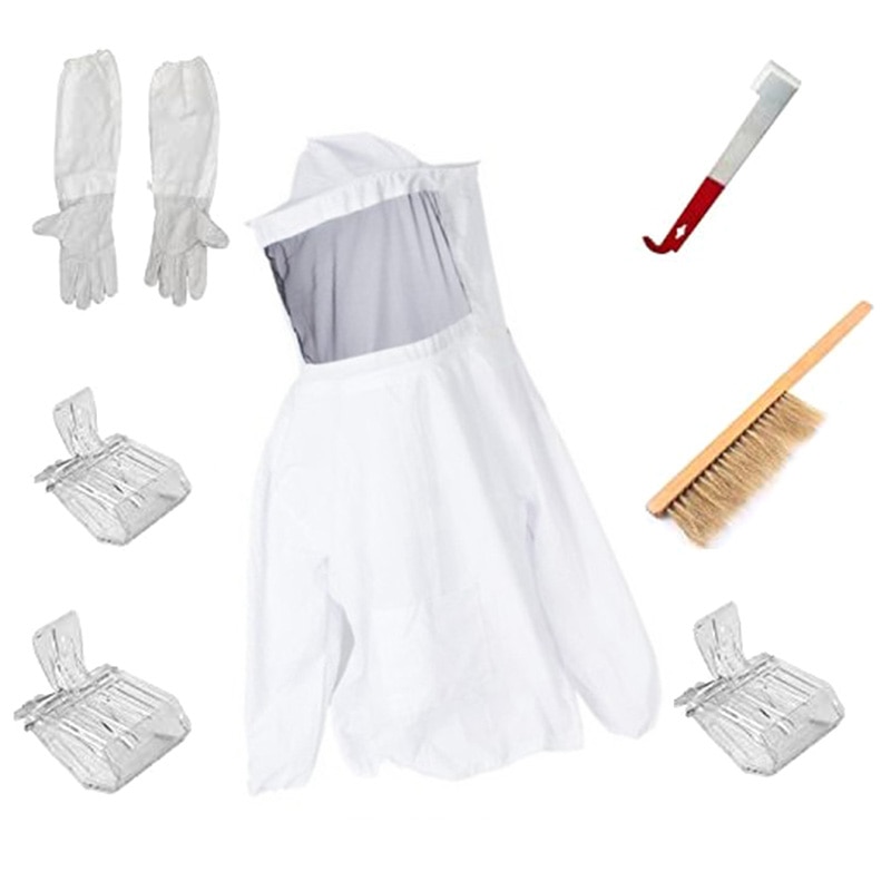 Beekeeping Bee Keeping Suit Jacket&Gloves& Bee Hive Brush & J Hook Hive Tool Set &Queen Bee Catcher