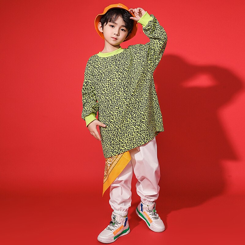 Kids Hip Hop Dancing Outfits Leopard Print Long Sleeve Sweatshirt Streetwear Jogger Pants for Boys Jazz Dance Costume Clothing