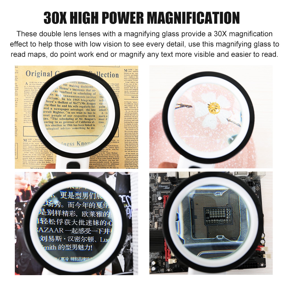 30X 12LED Lights High Magnification Magnifying Glass Lens Upgraded Magnifier Lamp Reading Magnifying Glass