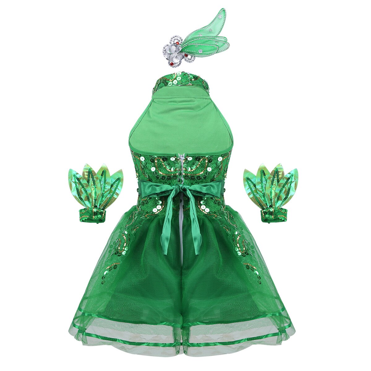 Groene meisjes glanzende, met pailletten versierde ballet tutu jurk zonder mouwen, nep-hals, kinderkostuum voor jazzdansoptredens