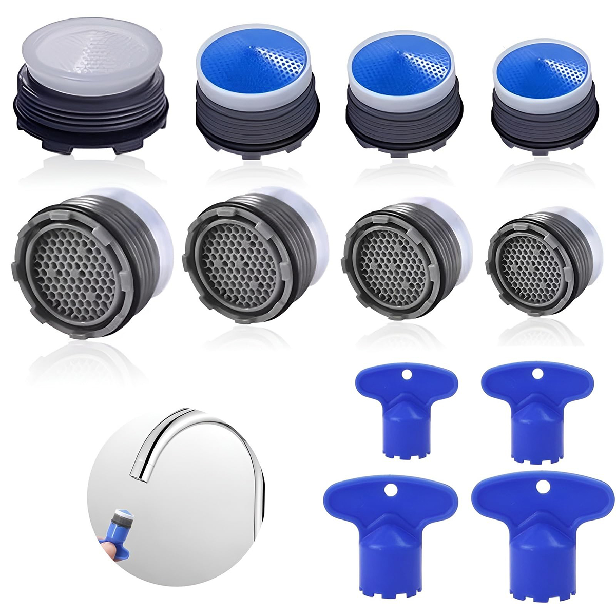 Aireador de grifo de 8 Uds., aeradores de 16,2-23,5 Mm para grifos, aireador de grifo, ahorro de agua, inserto de colador de grifo con 4 tamaños de llave