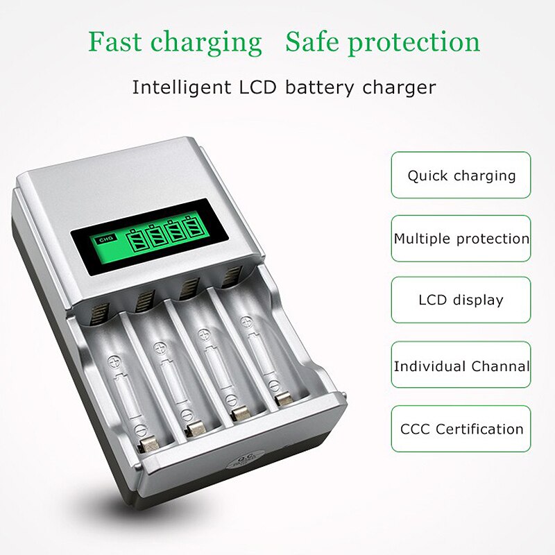 Four Slots Lcd Smart Battery Charger For Aa Aaa Rechargeable Battery Ni-Mh Ni-Cd Aaa Aa Rechargeable Batteries(Eu Plug)