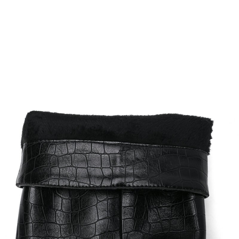 Bottes de créateur Faux cuir à talons hauts pour femmes, chaussures de créateur à bout pointu plissées, bloc épais, longues, hiver
