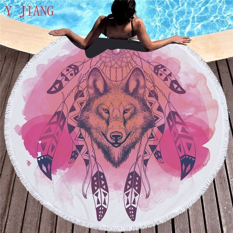 Mikrofiber strandhandduk med tofsar för vuxna barn yoga tofs vargfilt stor rund handduk tryckt gobeläng heminredning