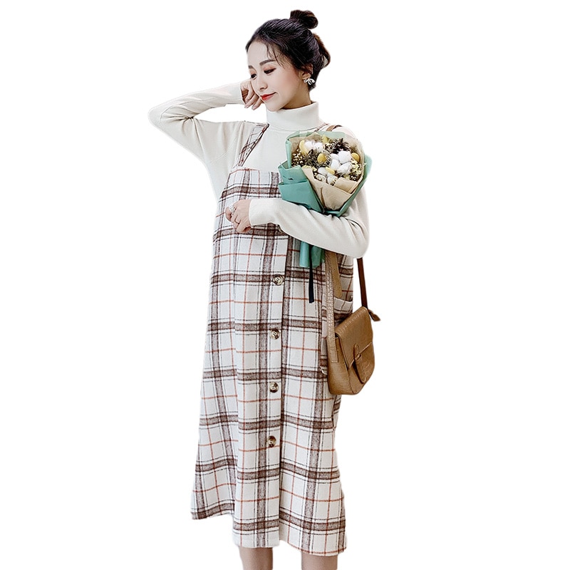 9445 # herbst Winter Mutterschaft Kleid Anzüge hoch Nacken Gestrickte Hemden + Plaid Panzer Kleid setzt Kleidung für Schwangere Frauen schwangerschaft