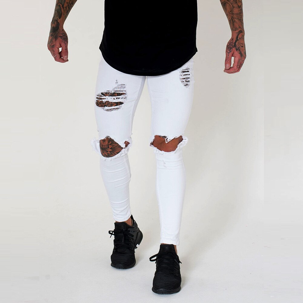 Pantalones vaqueros con estampado para hombre, pantalones pitillo con roto, ajustados al tobillo, vaqueros de , urbana,: 1872white / 34