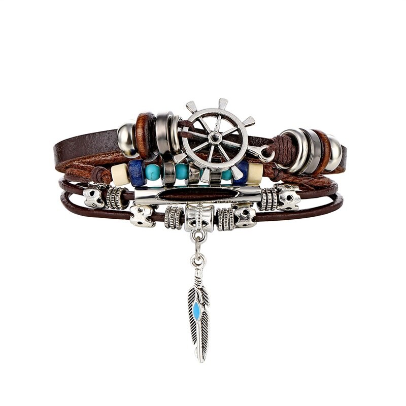 IFMIA Boho Adjustable Rope Bead Multilayer Leather Bracelet Set for Women Male Charms Feather Leaf Bracelet Bangles Jewelry