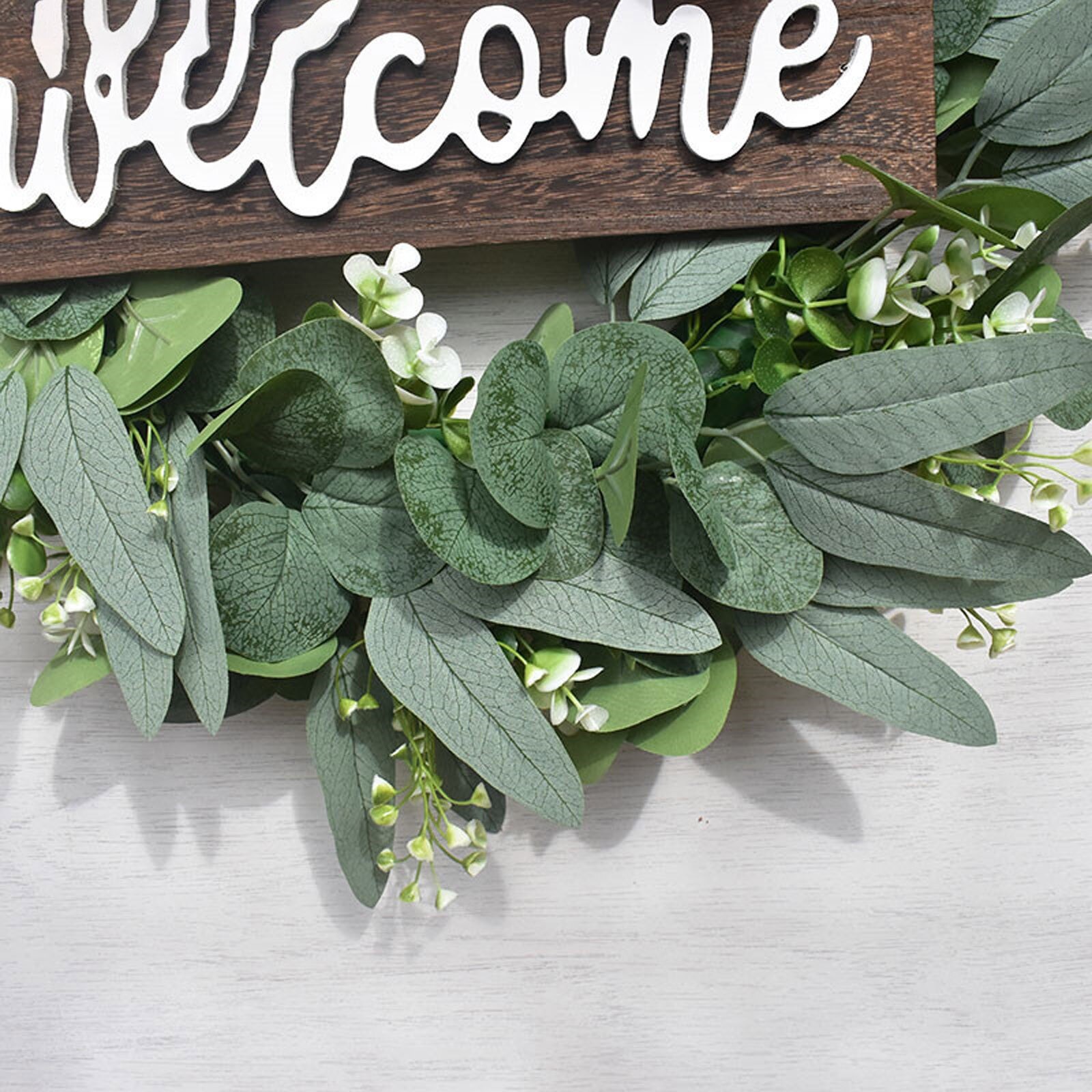 Artificial Green Eucalyptus Wreath,15 Inches Greenery Wreath With Clusters Of White Flowers Mini Spring/summer Wreath For Front