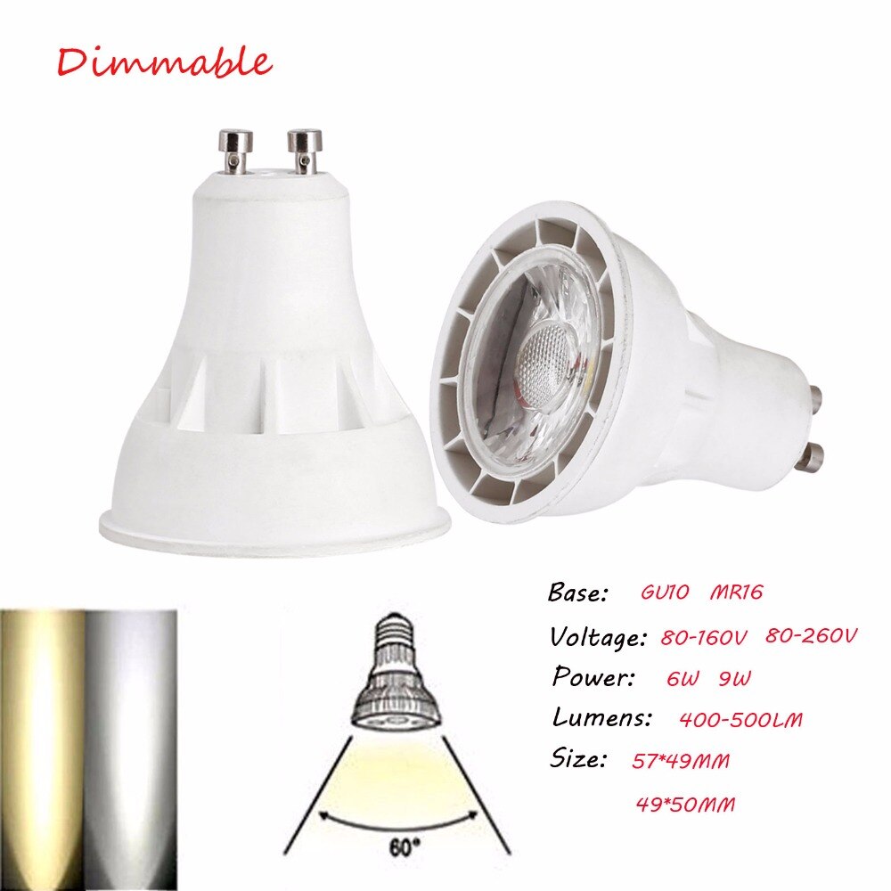 Super Helle Dimmbare Led-strahler GU10 MR16 6 Watt 9 Watt COB Leds lampen Lampada CREE Lampe Beleuchtung AC 80-260 V Kühle Warme Weiße Lichter
