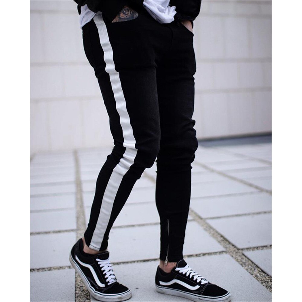 Men denim ripped hole Jeans side striped line Jeans Hip hop Skinny pencil Jeans For Men stretch ankle zipper black jeans: M