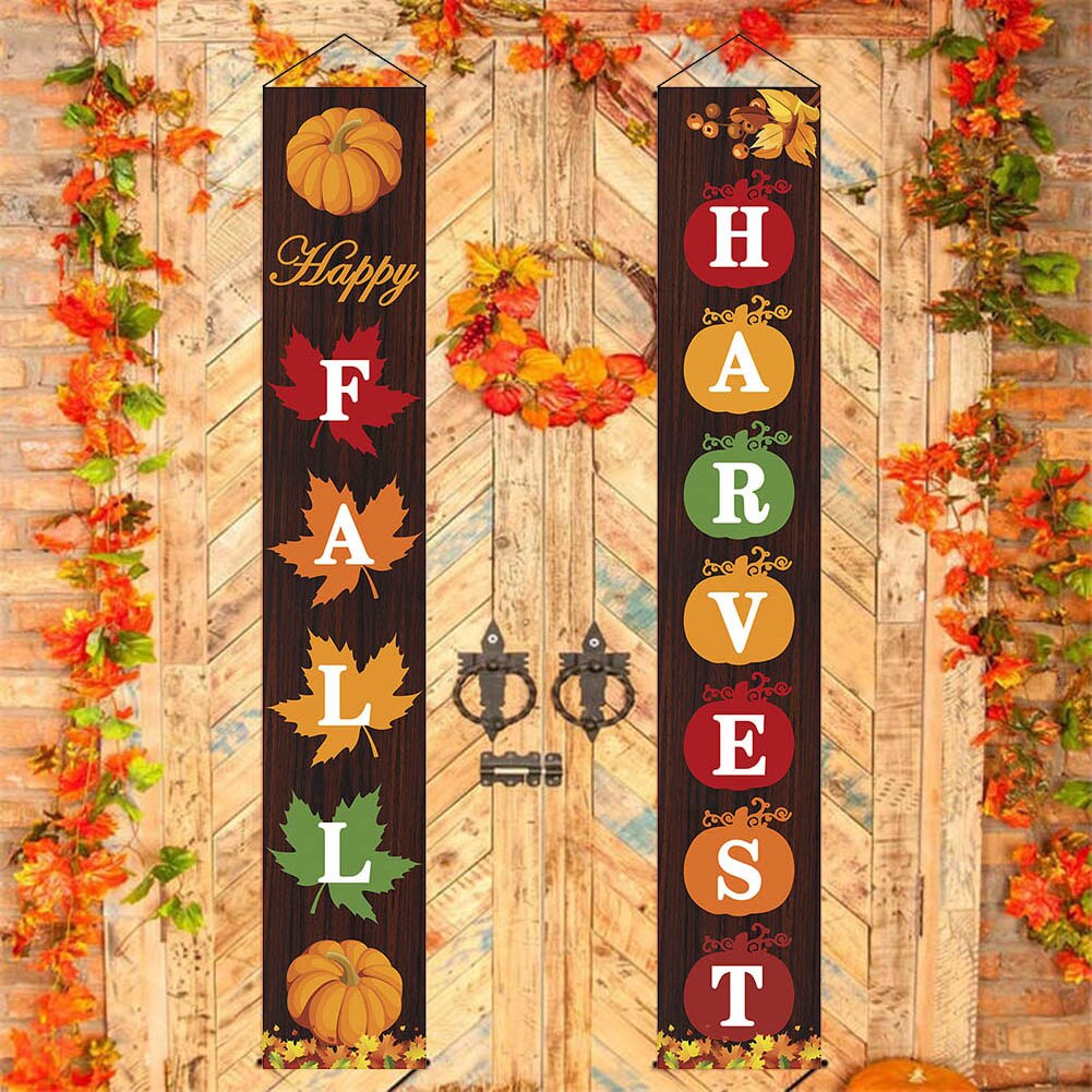 2pcs Thanksgiving Banner Happy Fall Harvest Front Door Curtain Yard Hanging Flag Couplet Sign Garden Embellishment