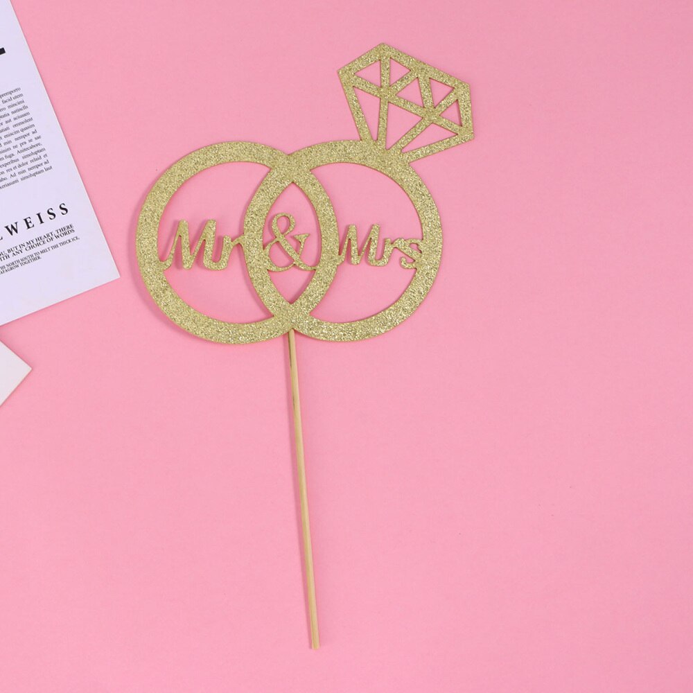 1 Pc Cake Topper Diamond Ring Mr & Mrs Papier Glinsterende Gouden Cake Pick Voor Engagement Wedding
