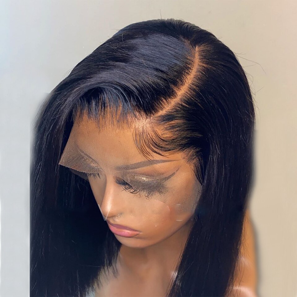 Peluca sintética con malla frontal para mujeres negras, pelo liso y sedoso, Bob corto Natural, con pelo de bebé, correa ajustable prearrancada