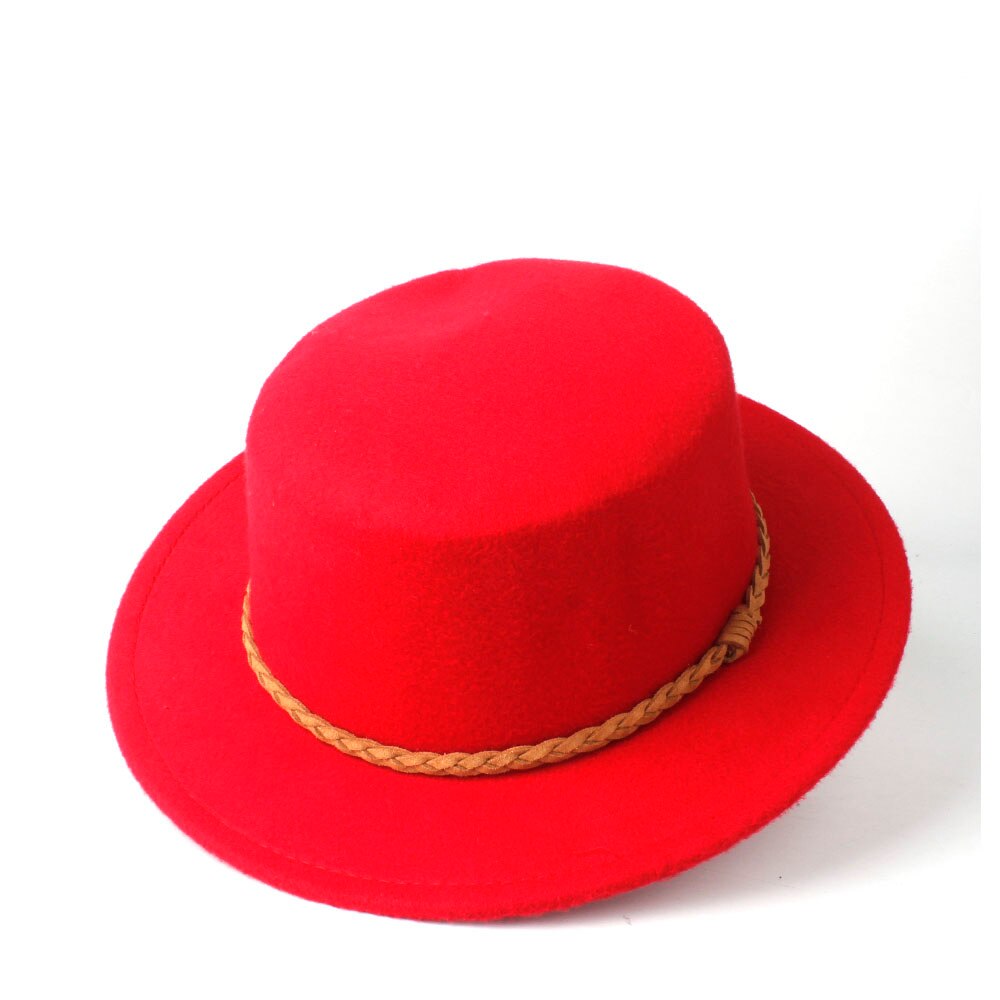 Unisex Men Women Wool Flat Fedora Top Hat Casaul Church Hat Outdoor Travel Hat Wild Trilby Jazz Fascinator Hat Size 56-58CM: Red