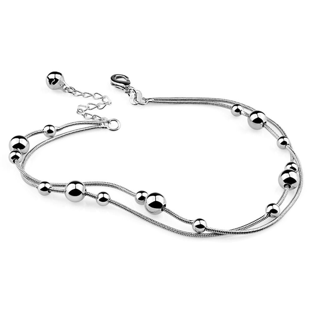 Tobilleras para mujeres de Plata de Ley 925 a la . Cadenas de cuentas redondas dobles de plata maciza. Tobilleras para chica de plata de ley auténtica