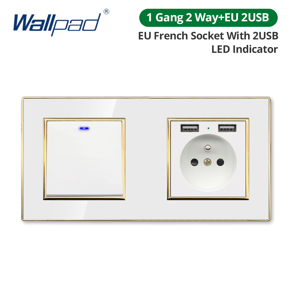 Wallpad White Acrylic Panel Gold Border Wall Light Switch LED Dimmer USB Charge EU Socket Outlet 4 5 6 7 8 Gang 2 Way Reset