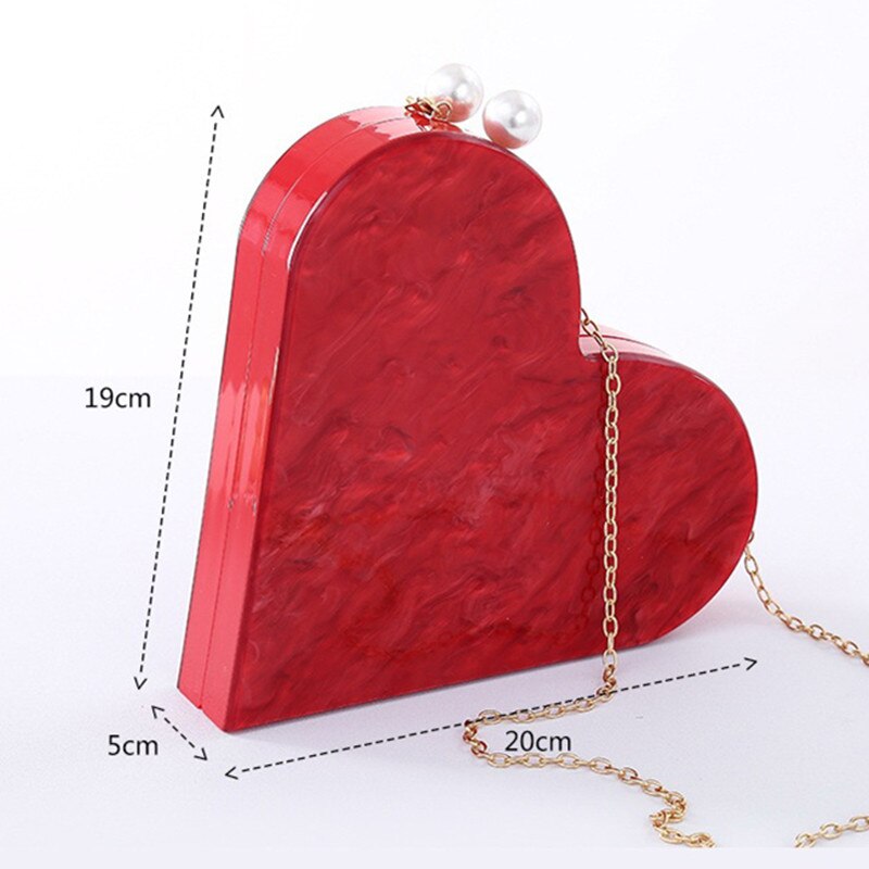 Unique Acrylic Clutch Cute Red Heart Shape Pearl Chain Party Evening bag Women Shoulder Bags Handbag Purses