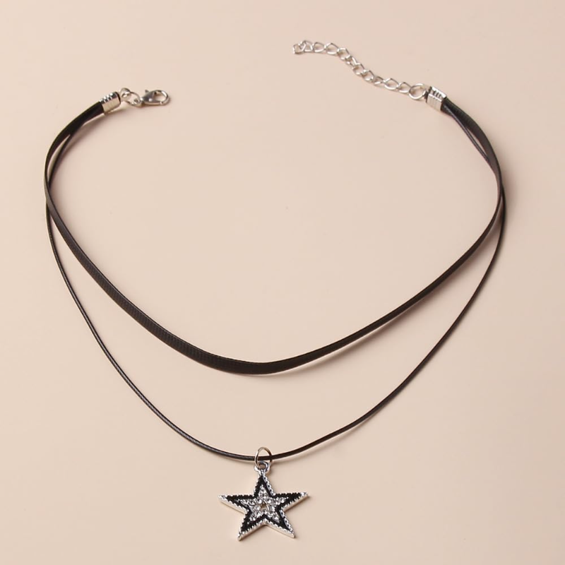 Stjerneanheng vintage halskjede punk stjerne choker rock roll gitar lagdelt halskjede for kvinner menn eboy egirl bar fest smykker: Rosa gullfarge