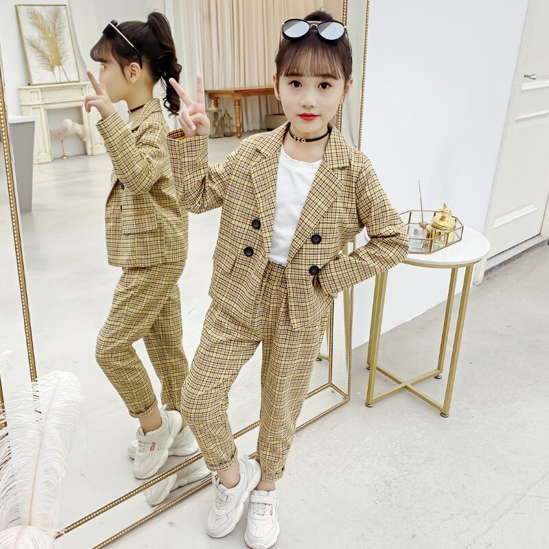 Girls' Plaid Double Breasted Suits Sets Children's Plaid Blazer Pants 2pcs Clothing Sets Kids Party Performance Costume