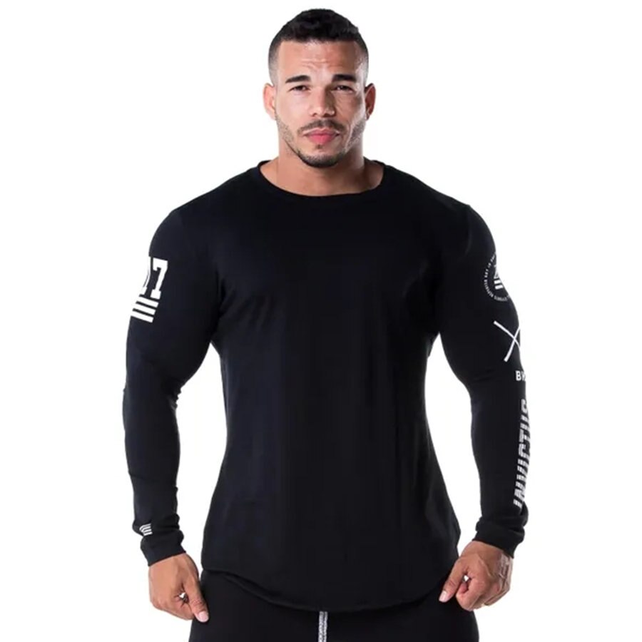 Heren skinny shirts met lange mouwen lente casual bedrukt t-shirt heren sportscholen fitness zwarte t-shirt tops merkkleding: C4 / Xxxl