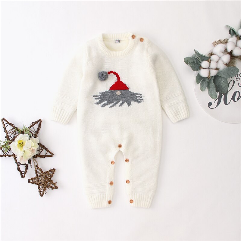 Xmas Jumpsuit Jongen Meisje Winter Gebreide Lange Mouw Jumpsuit Playsuit Rompertjes Warm Katoen Tops Kleding Baby Outfits: WHITE / 12m