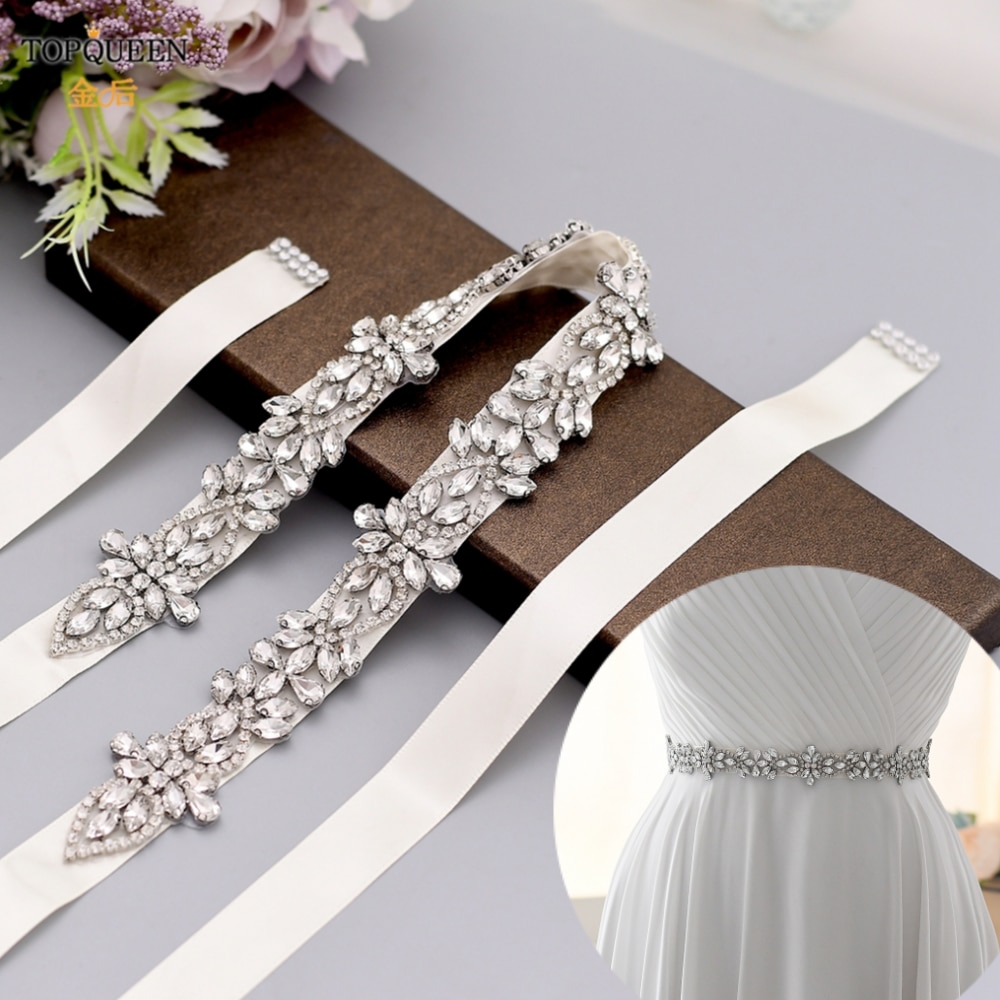 TOPQUEEN S429 Silber Strass Gürtel für Braut Ehe Braut Schärpe Elfenbein Strass Applikationen Formale Kleider Kleider mit einem Gürtel