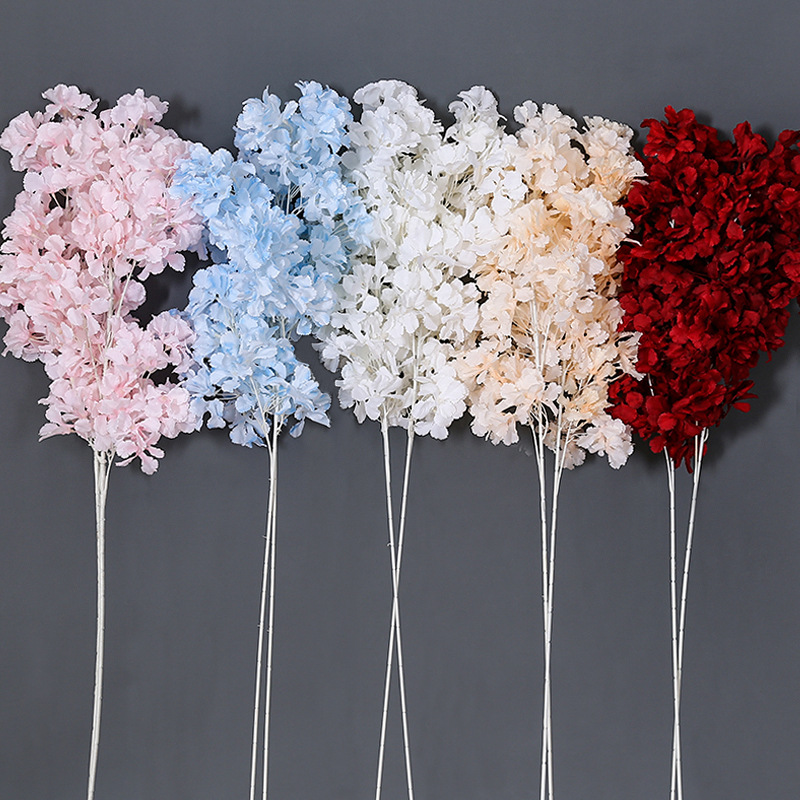 Hortensia de seda de 107CM, rama blanca, nieve en todo el cielo, cereza Artificial DIY, decoración para en casa, decoración de arco de boda
