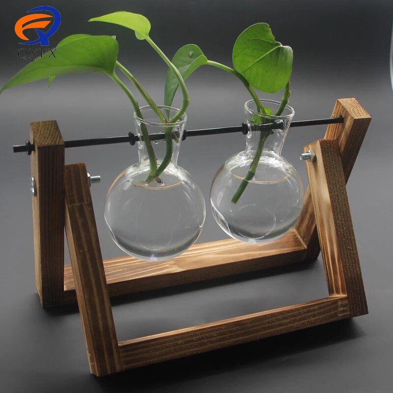 Plante terrarium med træstativ luftplanter pære glasvase metal drejeboks til hydroponics dekoration af hjemmekontoret: Log stil 2
